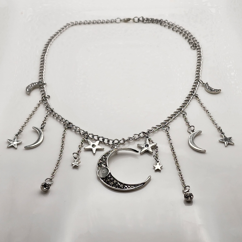 Silver Crescent Moon Star Necklace - Picture 7 of 9